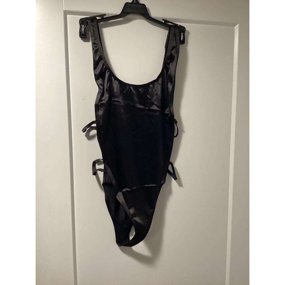 Motel Rocks Empress Bodysuit Black Satin Side Tie High Cut Scoop Neck Small NWT